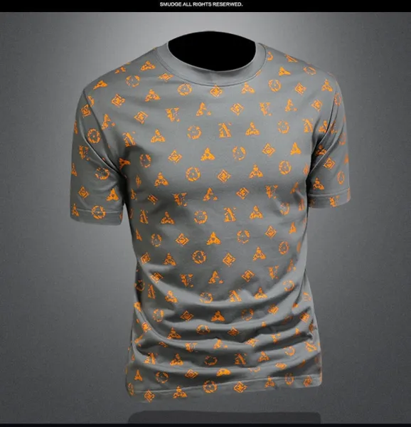 Design All-Over Print Orange Geometric Pattern Gray T-Shirt - 19
