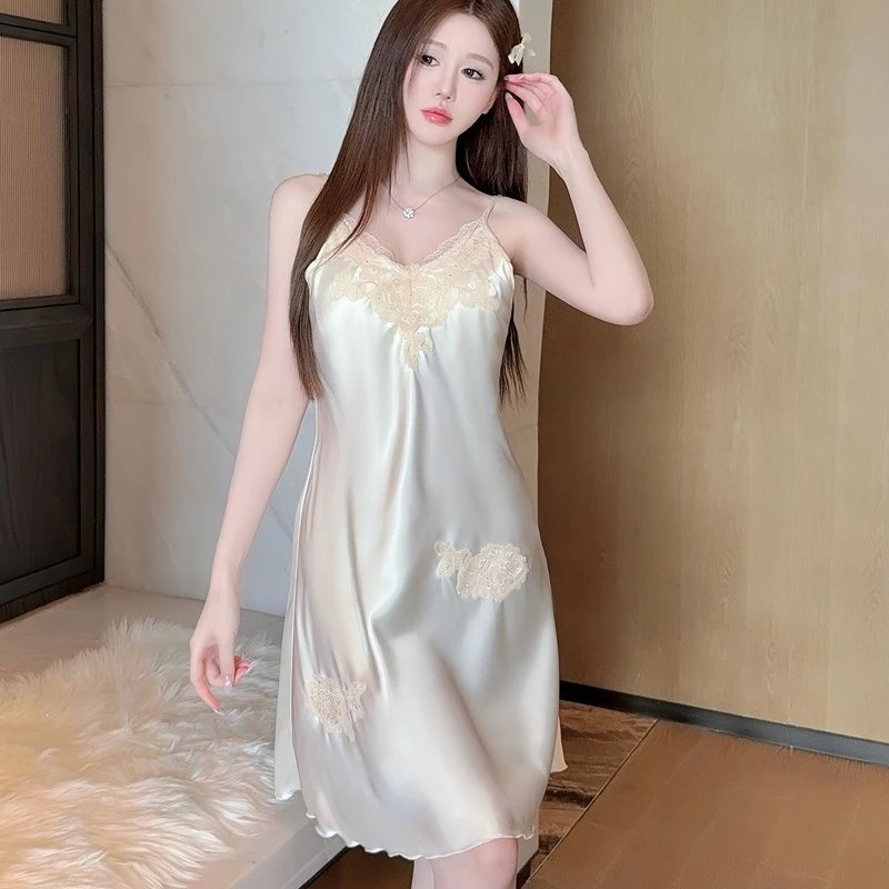 Design Lace-Embroidered Satin Slip Dress Beige Sleepwear - 24