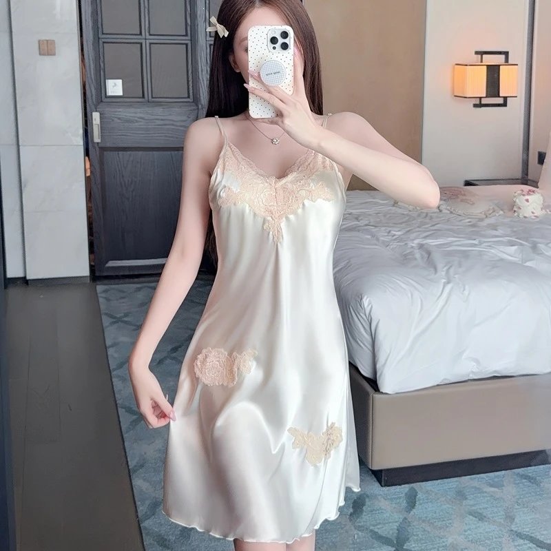 Design Lace-Embroidered Satin Slip Dress Beige Sleepwear - 25