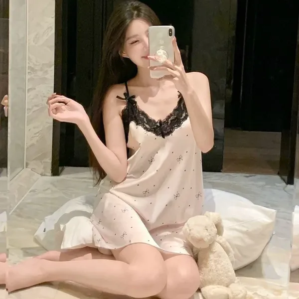 Design Lace Trim Satin Camisole Set Beige Sleepwear - 12
