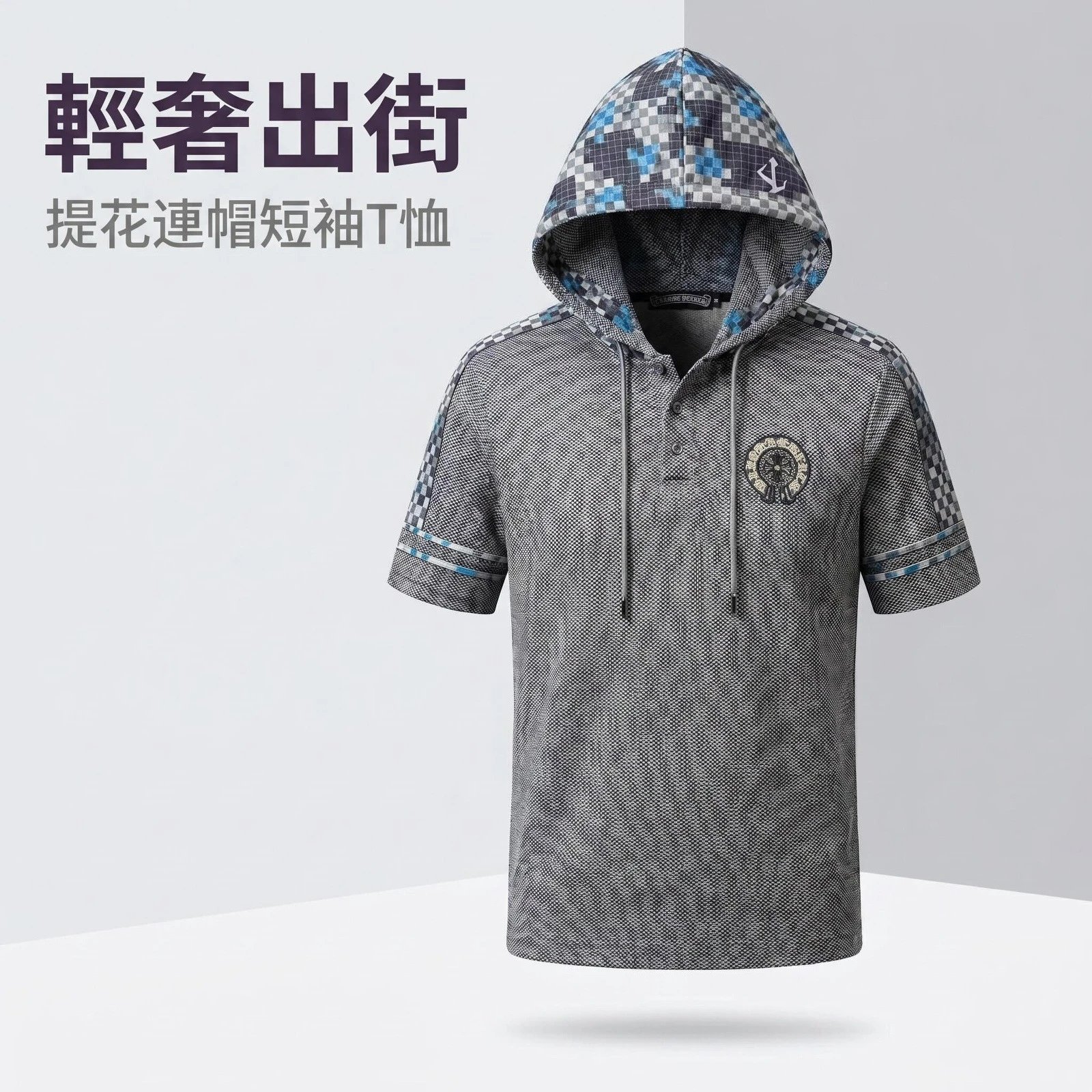 Design Pixel Pattern Hooded Polo Gray Multicolor Hoodie - 10