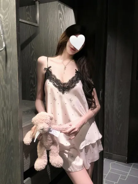 Design Lace Trim Satin Camisole Set Beige Sleepwear - 5