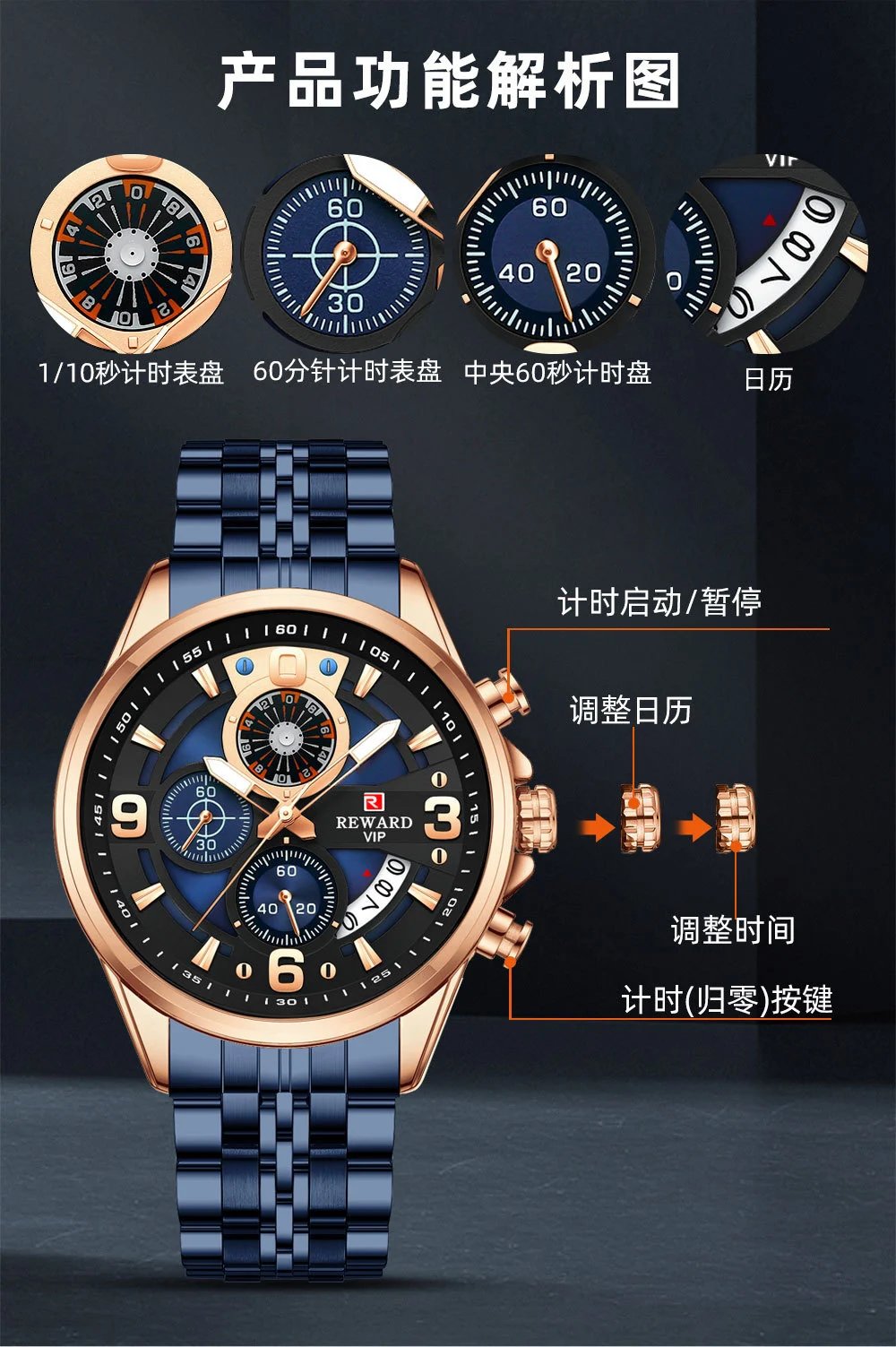 Design Reward VIP Chronograph Stainless Steel Black Dial Watch Watches - 7