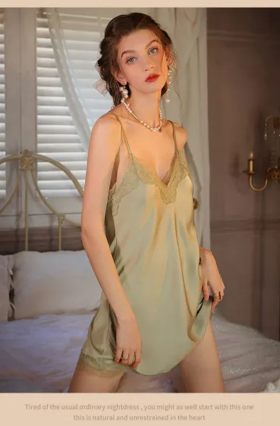 Design 2287D Lace Trim Satin Slip Dress with Removable Pad Sleepwear - 40