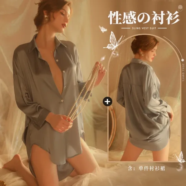 Design Sling Vest Suit Gray Silk Shirt Dress Sleepwear - 1
