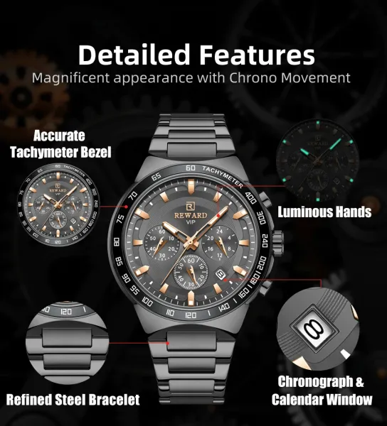 Design Reward VIP Chronograph Silver Dial Blue Bezel Stainless Steel Watch Watches - 6