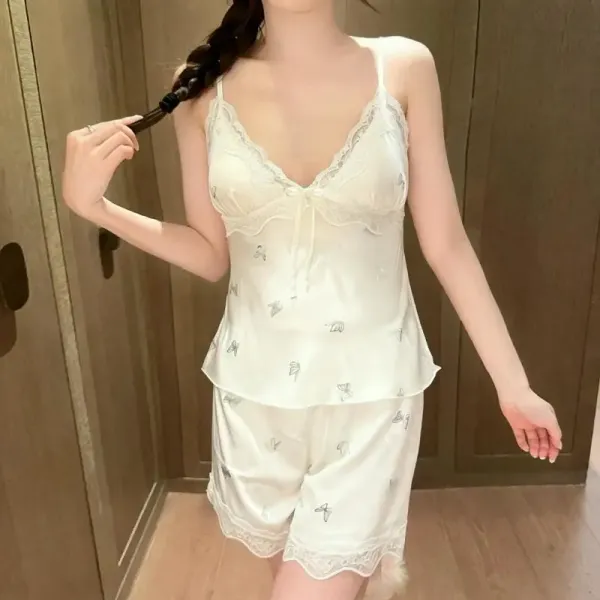 Design Lace-Trimmed Butterfly Print Silk Sleep Set White Sleepwear - 1
