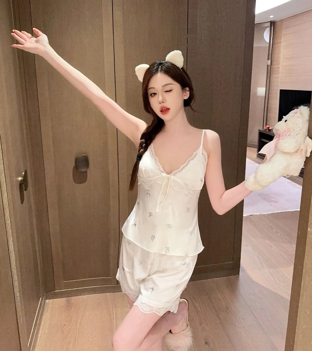 Design Butterfly Print Lace Trim Sleepwear Set White - 7