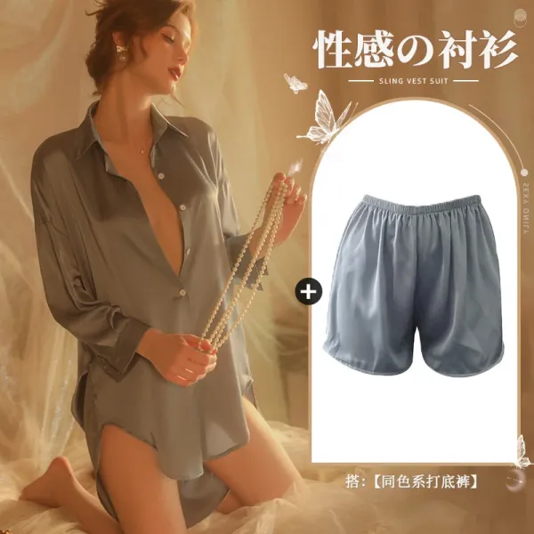 Design Sling Vest Suit Gray Silk-Like Shirt and Matching Shorts Set Sleepwear - 1