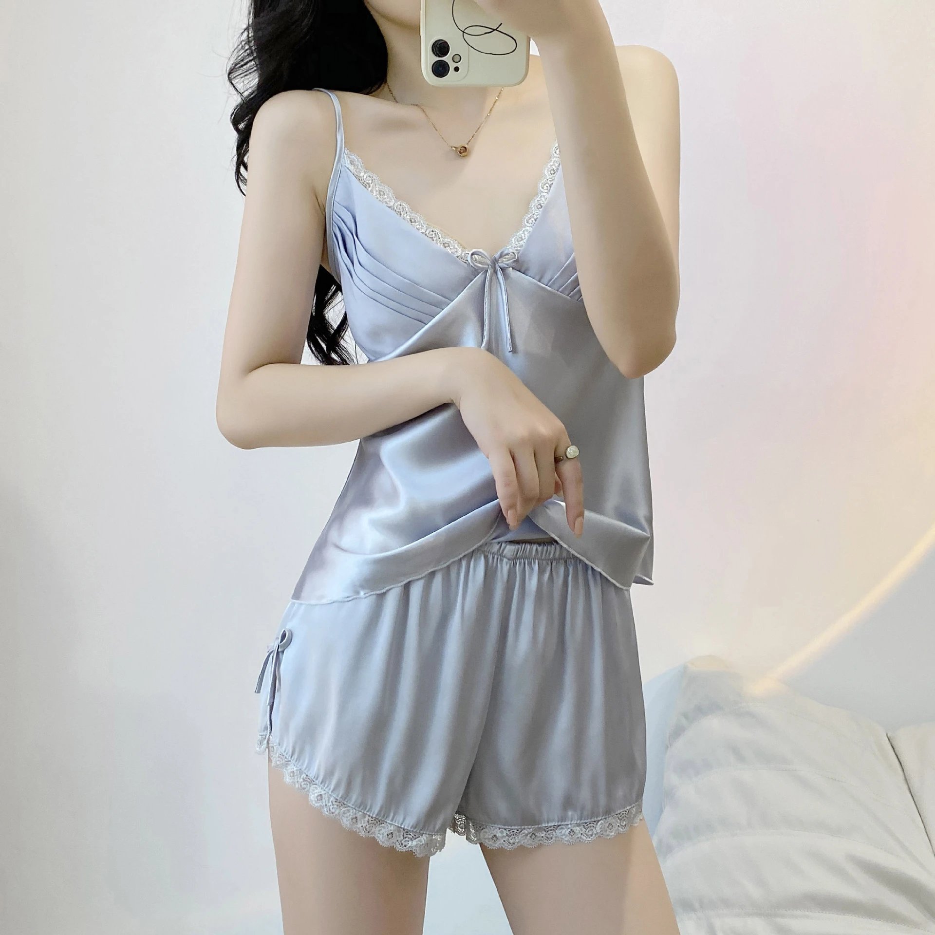 Design Silk-Like Lace Trim Camisole and Shorts Set Light Gray Sleepwear - 12