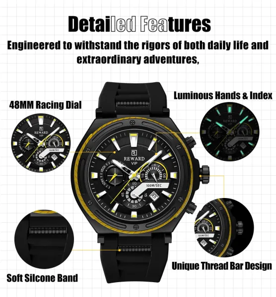 Design Reward VIP Chronograph Black with Yellow Accents Watch Watches - 7