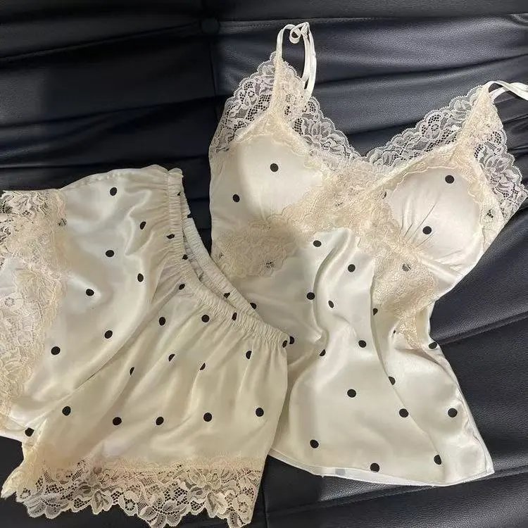 Design Polka Dot Lace Trim Satin Sleepwear Set Ivory