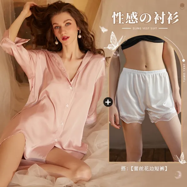 Design Sling Vest Suit in Pink Silk Shirt and White Lace-Trimmed Shorts Sleepwear - 1