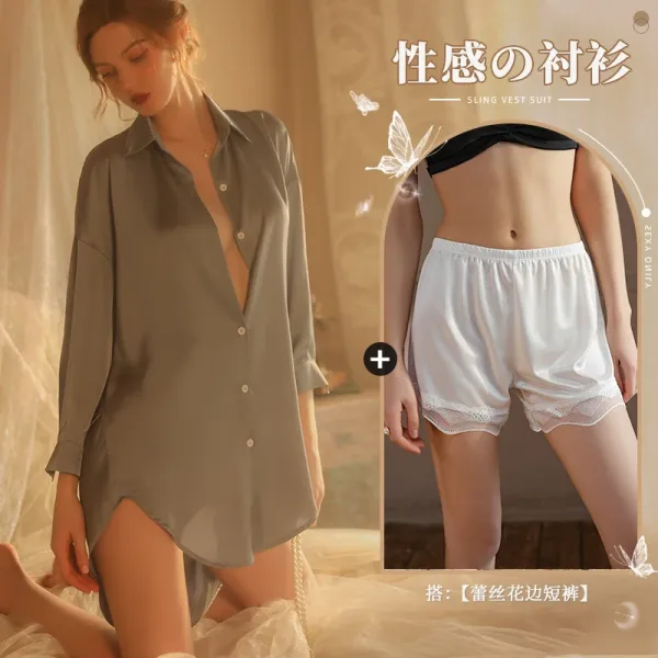 Design Sling Vest Suit in Olive Green with Lace-Trimmed Shorts Sleepwear - 1