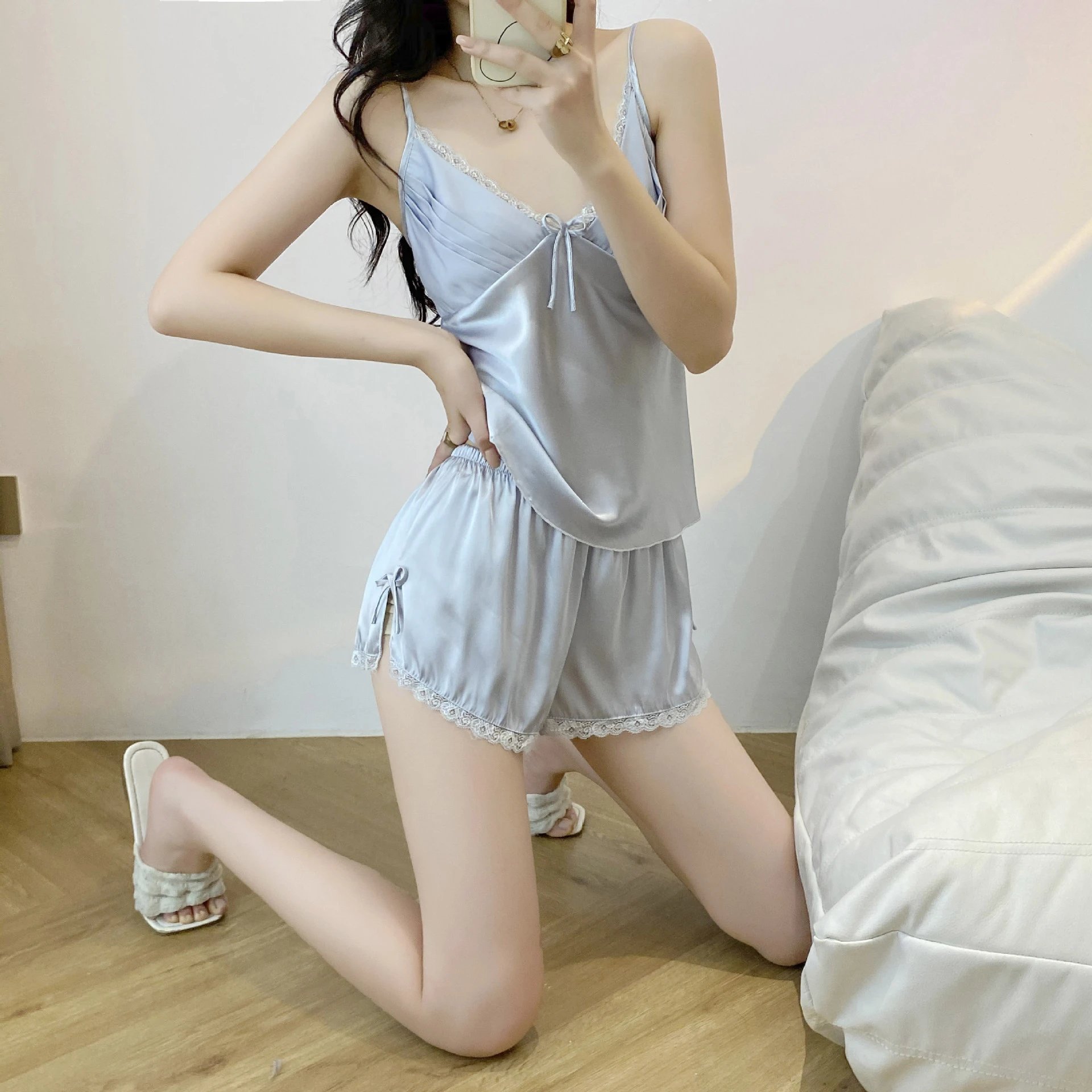 Design Silk-Like Lace Trim Camisole and Shorts Set Light Gray Sleepwear - 9