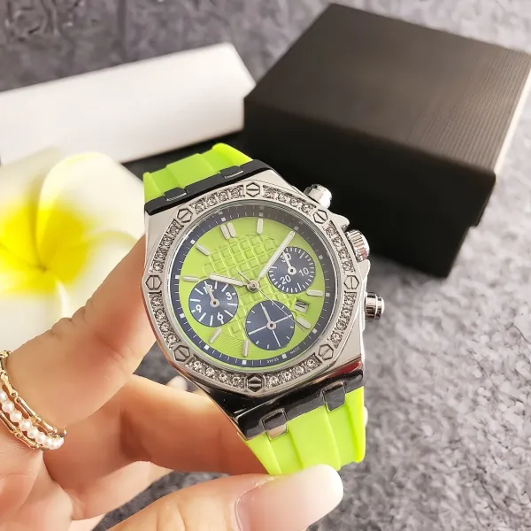 Design Chronograph Watch Lime Green Silicone Strap with Crystal Bezel Watches - 1