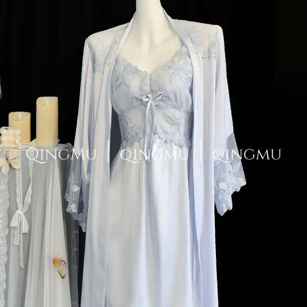Design QINGMU Lace-Embroidered Sheer Robe Set in Light Blue Sleepwear - 1