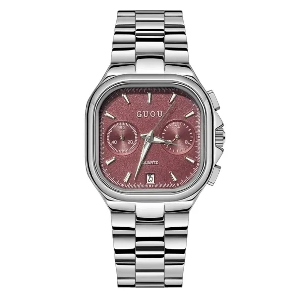 Design GUOU Chronograph Watch Burgundy Dial Silver Stainless Steel Watch Watches - 1