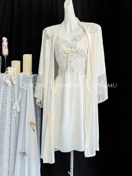Design QINGMU Lace-Embroidered Sheer Robe Set in Light Blue Sleepwear - 6
