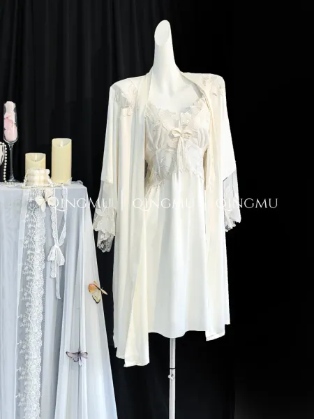 Design QINGMU Lace-Embroidered Sheer Robe Set in Light Blue Sleepwear - 8
