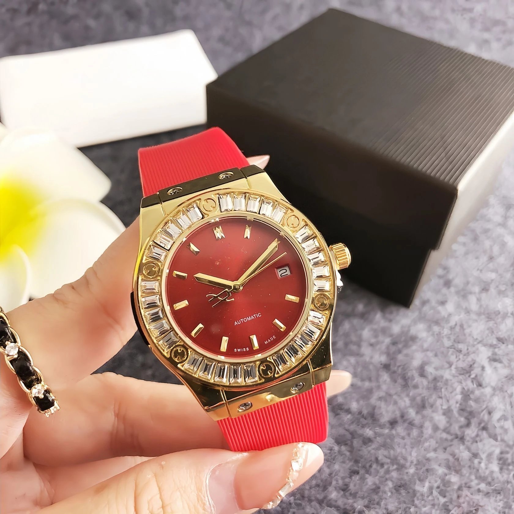 Hublot Classic Fusion Red Dial Gold-Tone Automatic Watch with Baguette-Cut Crystal Bezel and Red Rubber Strap Watches