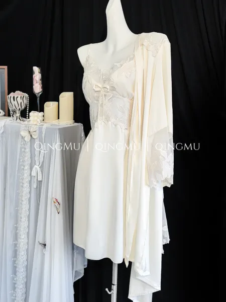 Design QINGMU Lace-Embroidered Sheer Robe Set in Light Blue Sleepwear - 11