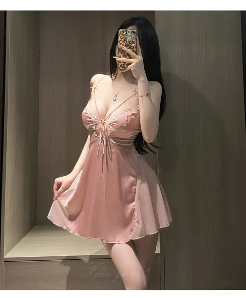 Design Pink Lace-Trimmed Satin Slip Dress Sleepwear - 16