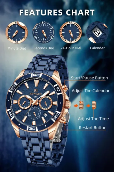 Design Reward VIP Chronograph Black and Blue Steel Watch Watches - 6