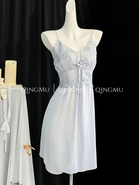 Design QINGMU Lace-Embroidered Sheer Robe Set in Light Blue Sleepwear - 24