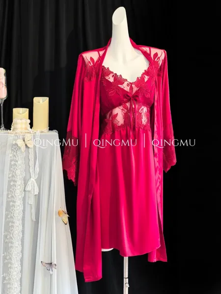 Design QINGMU Lace-Embroidered Sheer Robe Set in Light Blue Sleepwear - 27