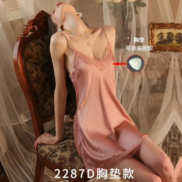 Design 2287D Lace Trim Satin Slip Dress with Removable Pad Sleepwear - 1