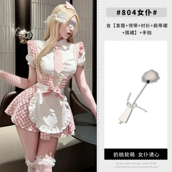 Design #804 Maid Outfit Set Pink Gingham White Apron Dress - 1