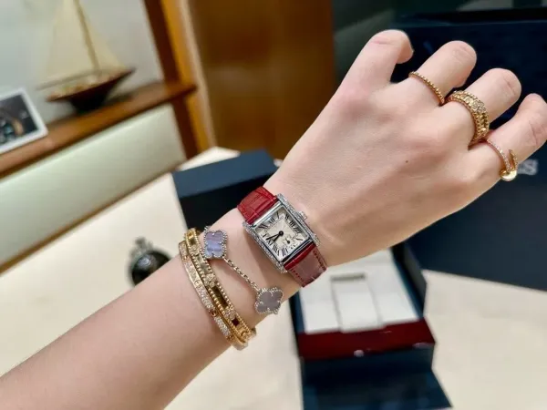 Cartier Tank Française Small Red Leather Diamond Bezel Watch Watches - 1