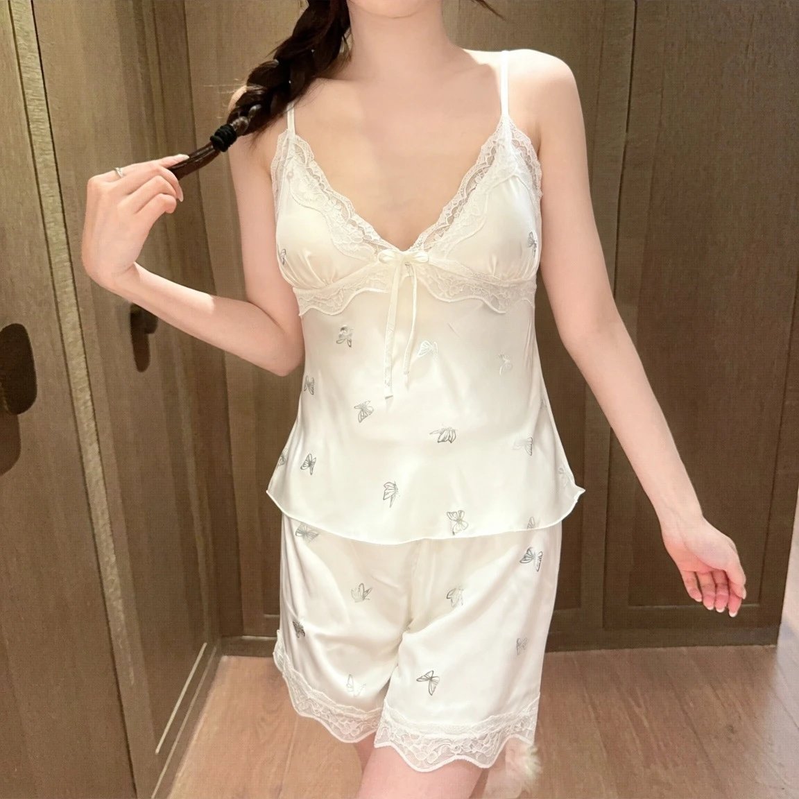 Design Butterfly Print Lace Trim Sleepwear Set White - 8