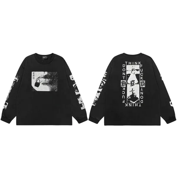 Design Long Sleeve Graphic Tee Black T-Shirts - 1