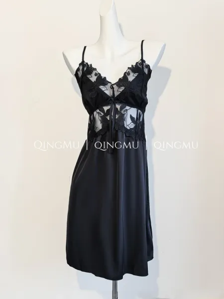 Design QINGMU Lace-Embroidered Sheer Robe Set in Light Blue Sleepwear - 37