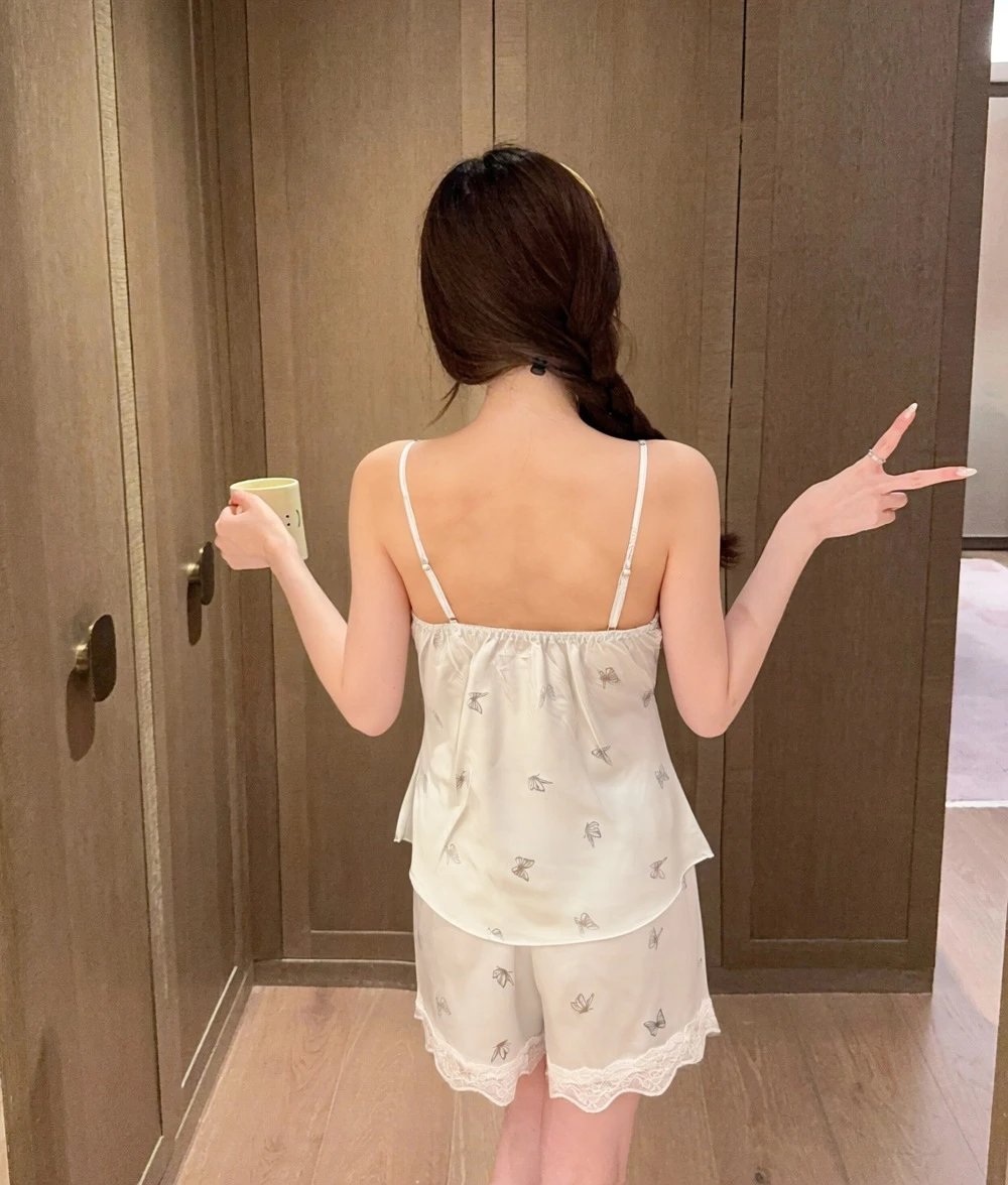 Design Butterfly Print Lace Trim Sleepwear Set White - 14