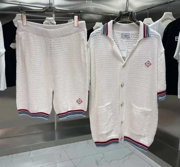 Casablanca Knit Polo and Shorts Set White Navy Striped - 11