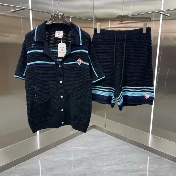 Casablanca Knit Polo and Shorts Set White Navy Striped - 17