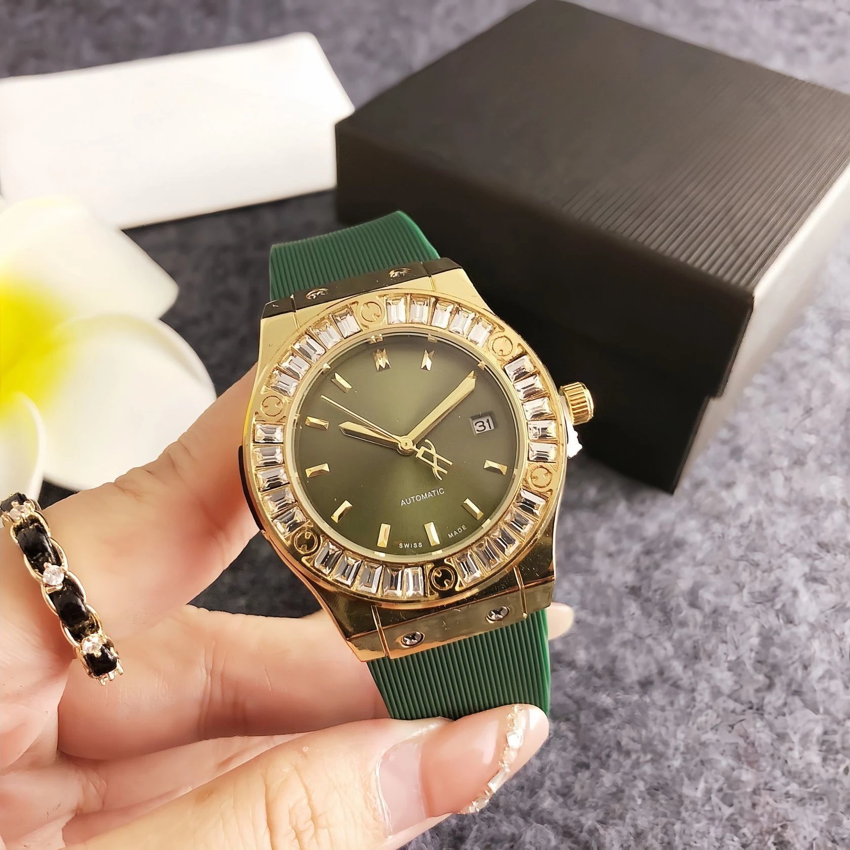 Hublot Classic Fusion Green Dial Gold Case with Baguette Diamonds Watch Watches