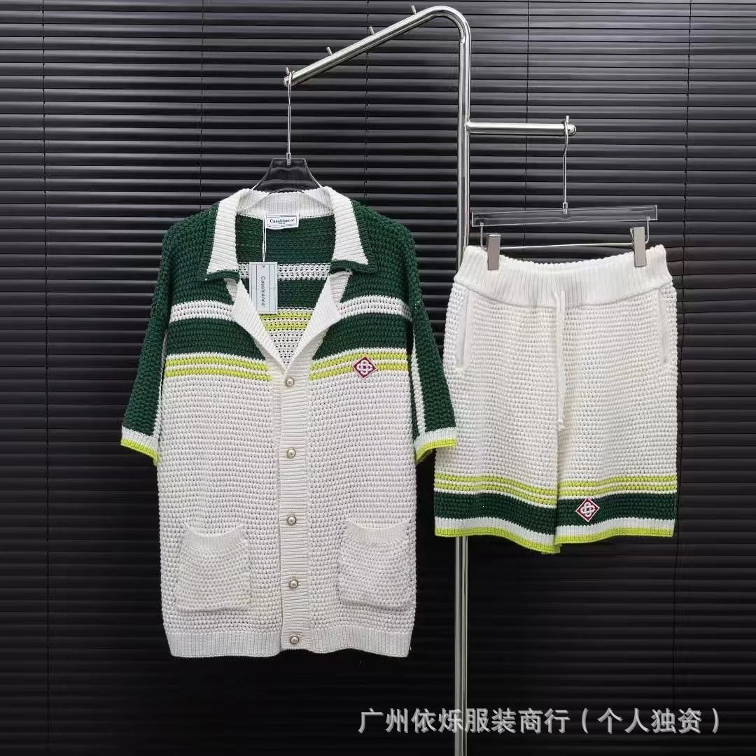 Casablanca Knit Cardigan and Shorts Set Green White Lime - 1