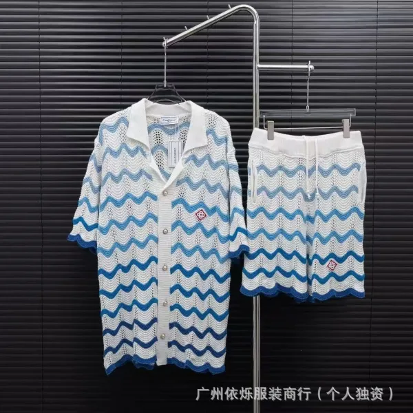 Casablanca Wave Knit Cardigan and Shorts Set White Blue - 1
