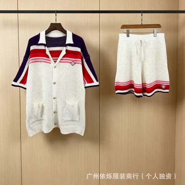 Design Knit Color-Block Cardigan and Shorts Set White Red Purple - 1