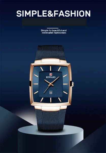 Design Reward Square Case Blue Dial Rose Gold Watch Watches - 3