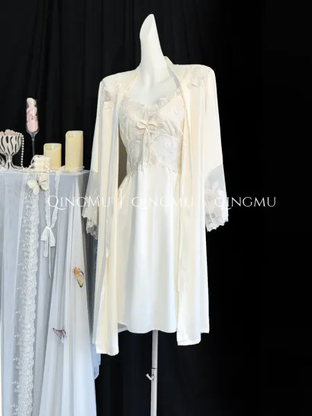 Design QINGMU Lace-Embroidered Sheer Robe Set in Light Blue Sleepwear - 7