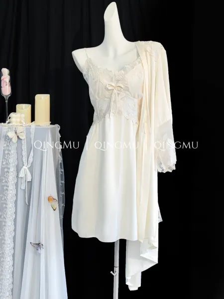 Design QINGMU Lace-Embroidered Sheer Robe Set in Light Blue Sleepwear - 10