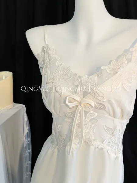Design QINGMU Lace-Embroidered Sheer Robe Set in Light Blue Sleepwear - 15