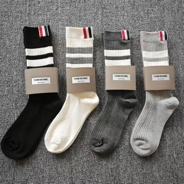 Thom Browne Ribbed Knee-High Socks Gray with Four-Bar Stripe - 5