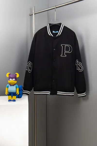 Prada Letterman Jacket Black with White Embroidery Outerwear Jacket - 1