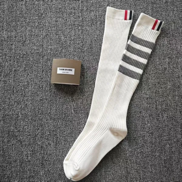 Thom Browne Ribbed Knee-High Socks Gray with Four-Bar Stripe - 8